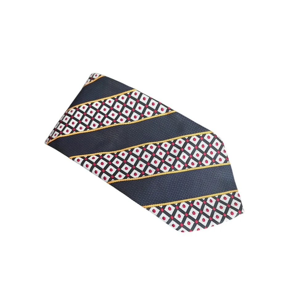 Men's Geometric Striped‎ Necktie — Navy, Red & Gold — 57